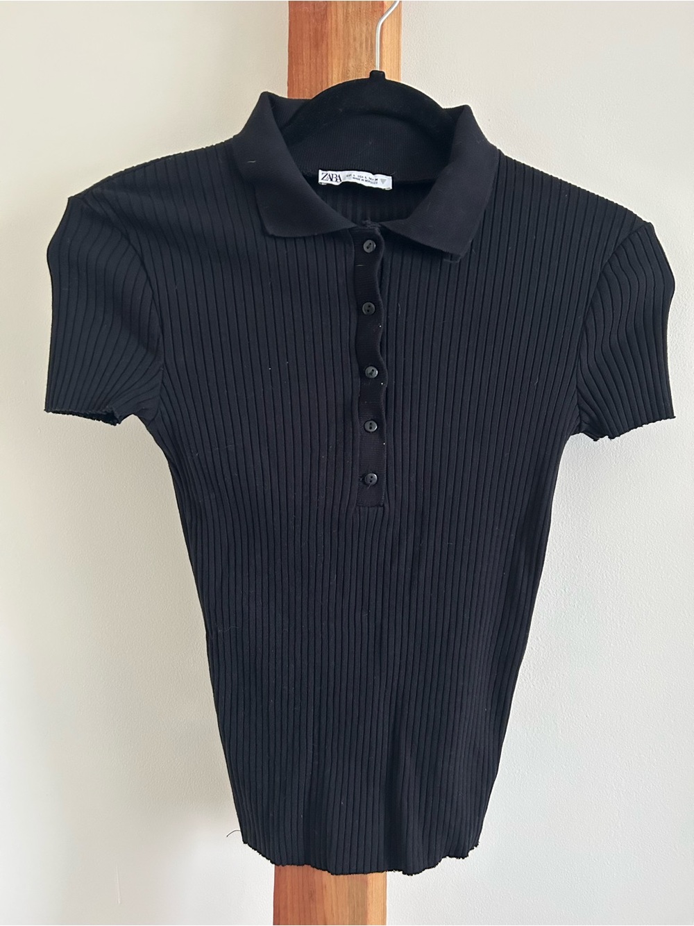 Zara Black Ribbed Polo Button-Down Top